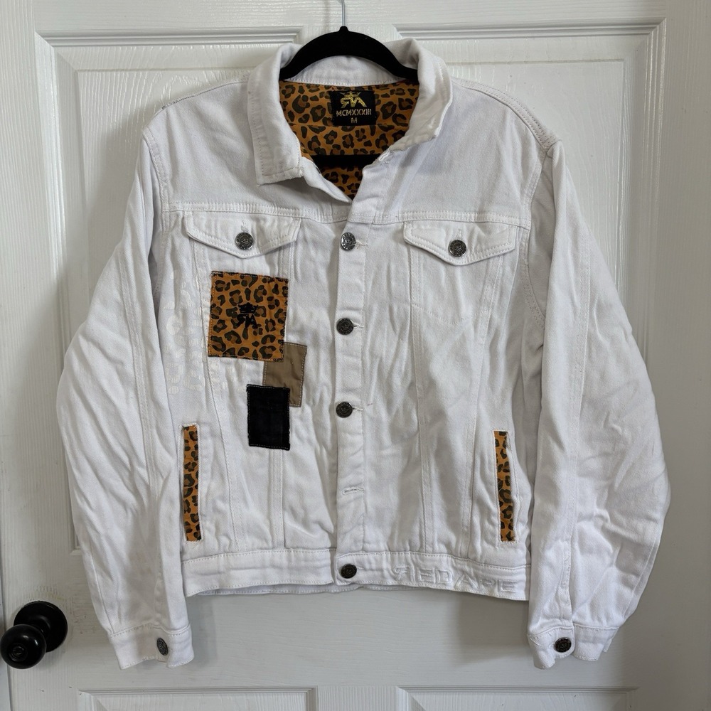 Red Ape White Denim Jacket Women's Medium Patches Animal Print Tiger Face
